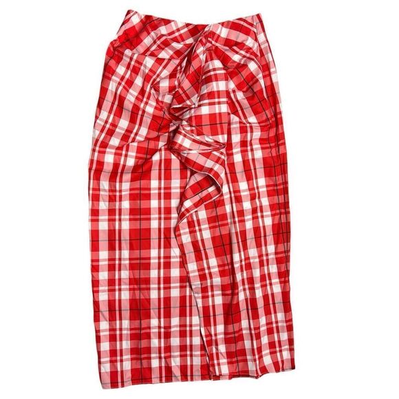 J Crew Skirt 4 Red Plaid Ruffle Pencil Midi Holiday Festive Preppy Lightweight - Picture 10 of 11